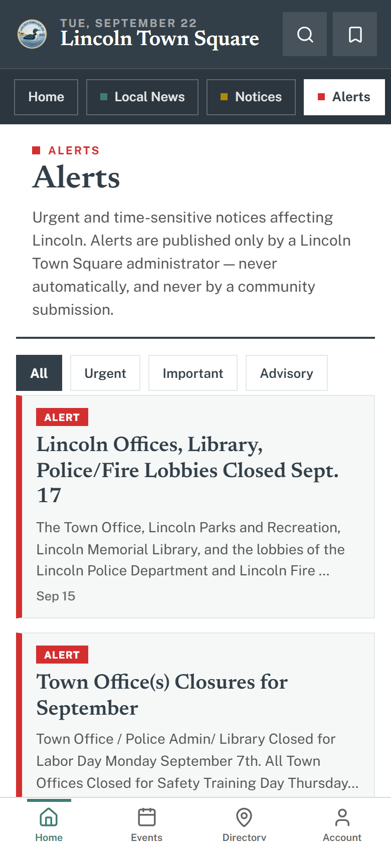 The app feed filtered to alerts, each one showing its severity.
