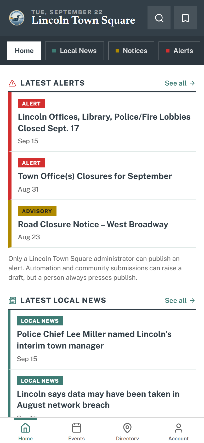 The app home screen: the Lincoln Town Square masthead, filter chips for each content stream, the lead story, and the latest alerts.